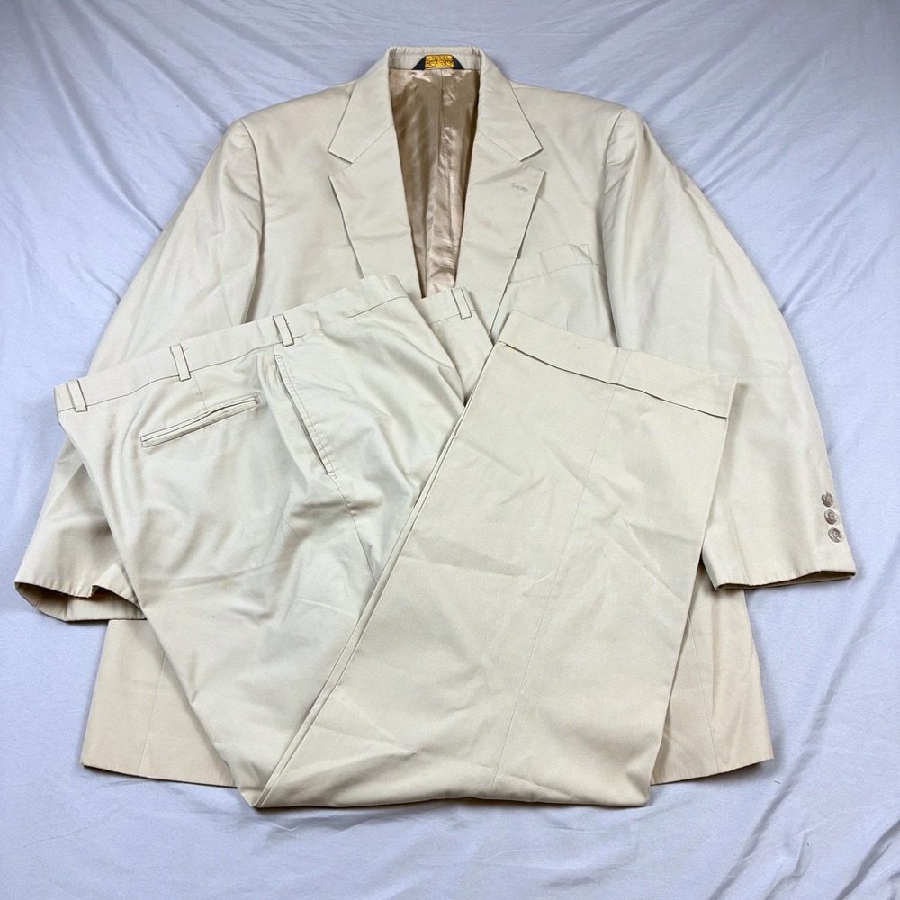 VTG Brooks Brothers Cotton Suit 46L 40W Tan Khaki Cuffed Classic Ivy Trad Preppy